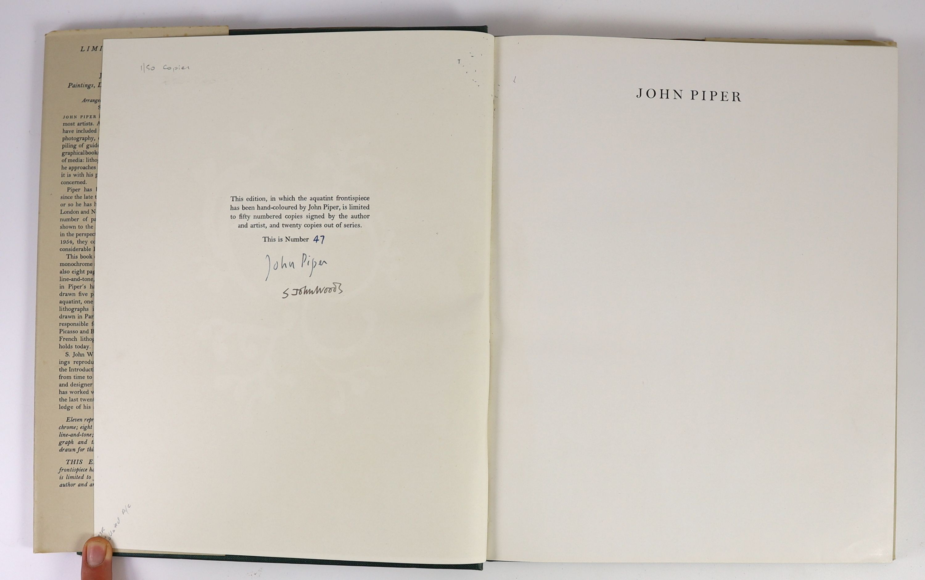 Piper, John - Paintings, Drawings & Theatre Designs, 1st edition, one of 50 with signed, hand-coloured aquatint frontispiece, 4to, green buckram gilt, with unclipped d/j, Faber & Faber, London, 1955, in slip case.